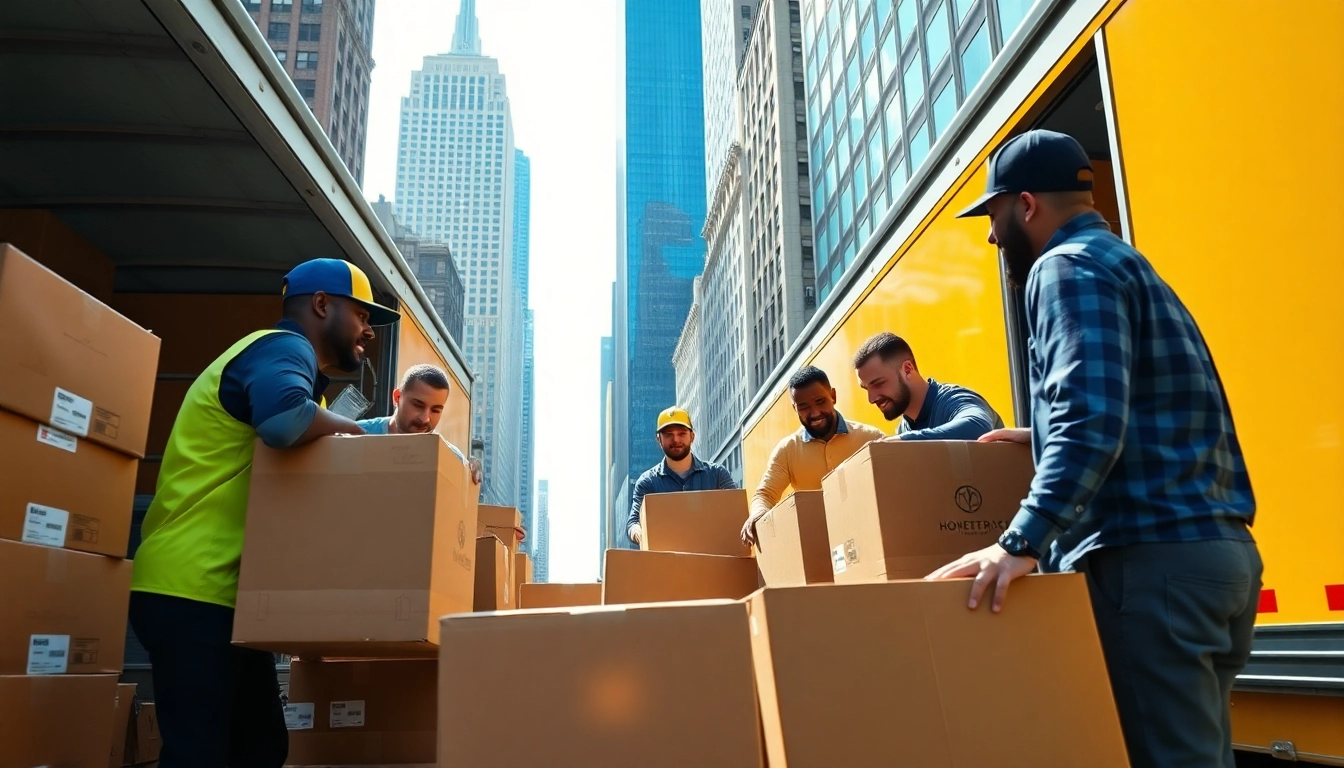 Efficient team providing moving services manhattan by loading boxes into a truck in NYC.