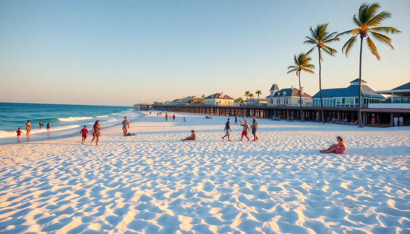 Families enjoying the beach in Pensacola FL under warm golden hour light.