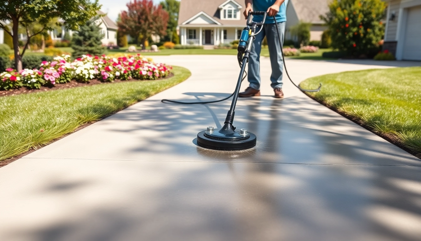 Driveway cleaning service rejuvenating a concrete surface in a sunny suburban setting