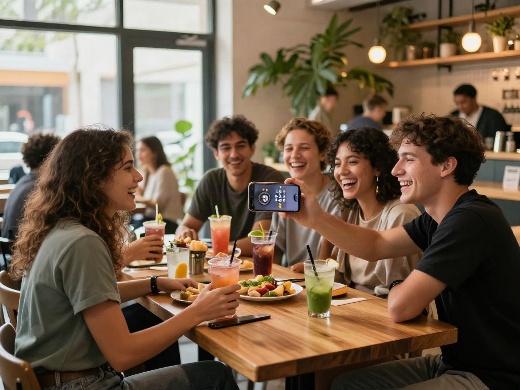 Group of friends enjoying a café moment while using the how old do I look app on a smartphone.