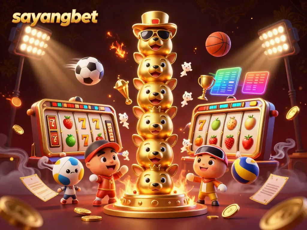 Experience the excitement of sayangbet with a dynamic 3D casino scene featuring a golden totem pole and lively game elements.