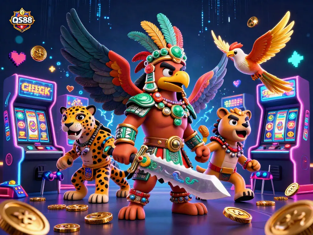 Engage with QS88's vibrant 3D casino scene featuring Aztec warriors and dynamic game elements.