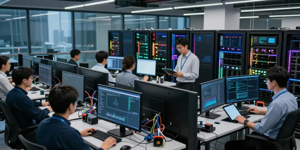 Team collaborating on AI inference technology inside a modern data center.