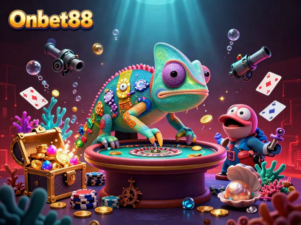 Engage in thrilling gameplay with Onbet88, as a chameleon owner watches over a vibrant casino scene rich with games.