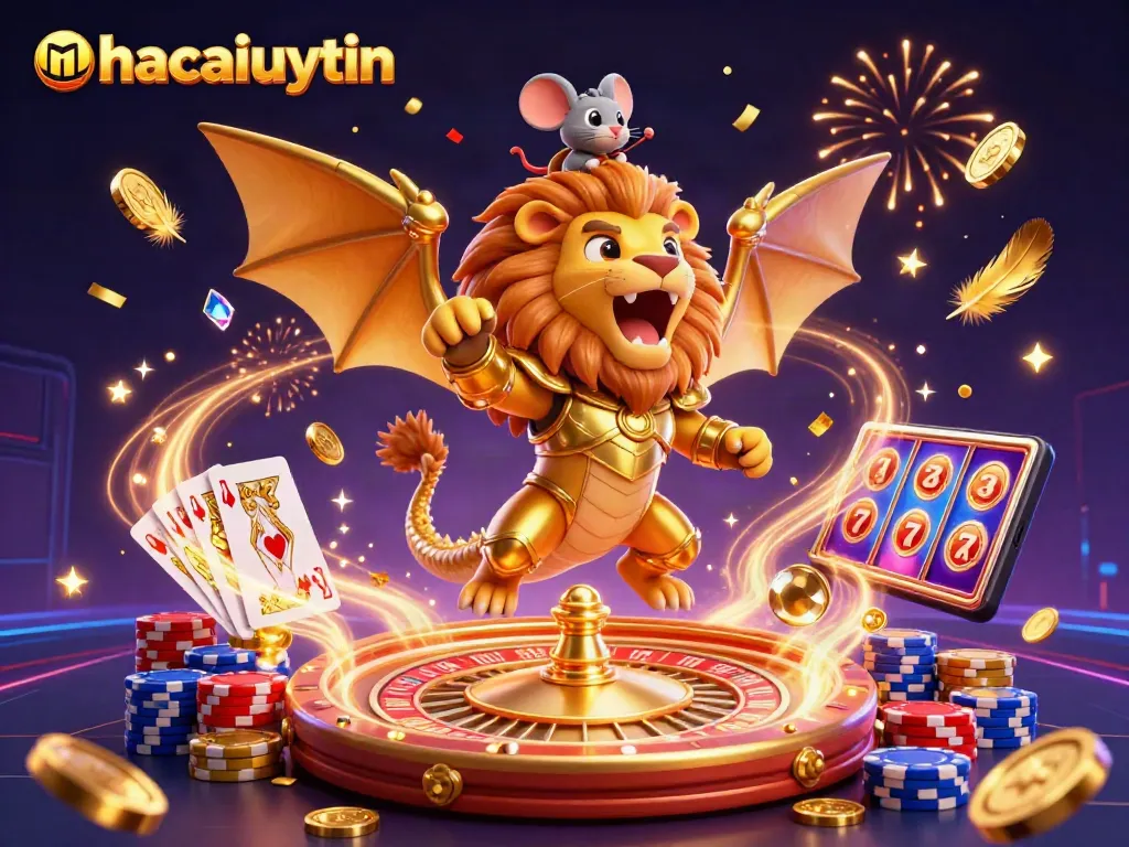 Experience the thrill of gaming with nhacaiuytin's online casino featuring golden coins and roaring chimera.