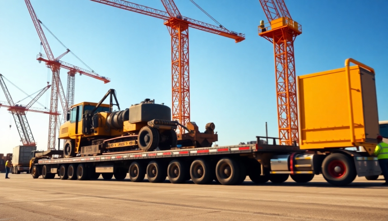 Facilitating equipment transport with a large trailer at a construction site showcasing machinery.
