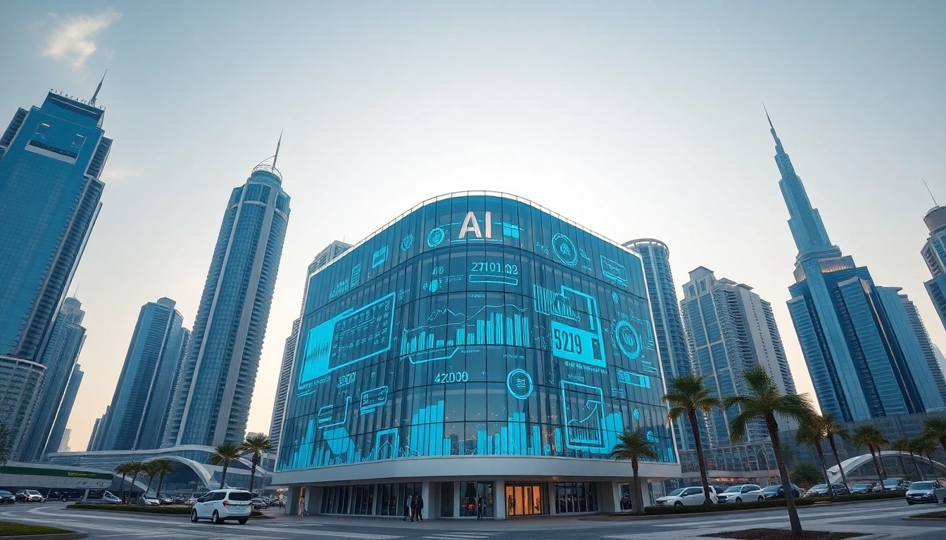 Visualize a financial services website Dubai AI with futuristic technology in Dubai's skyline.