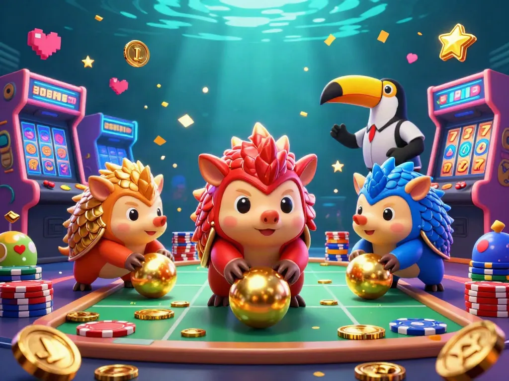 Manclub pangolins roll through poker chips in a vibrant casino scene packed with details.