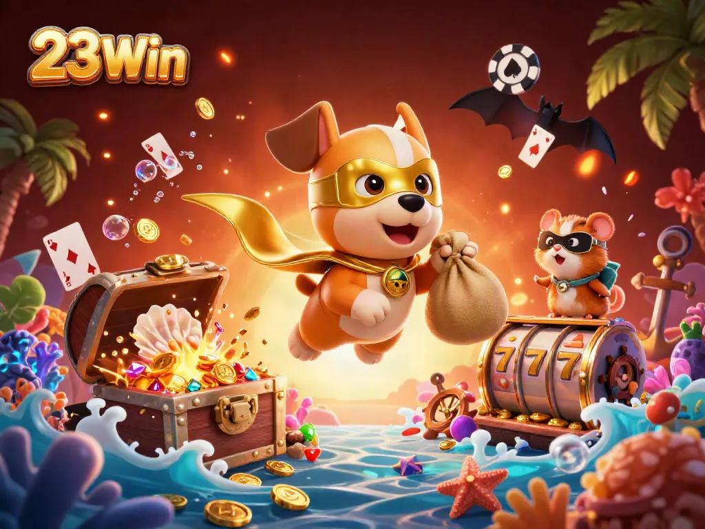 Play slots and win with 23Win's superhero dog and hamster in a vibrant 3D casino adventure.