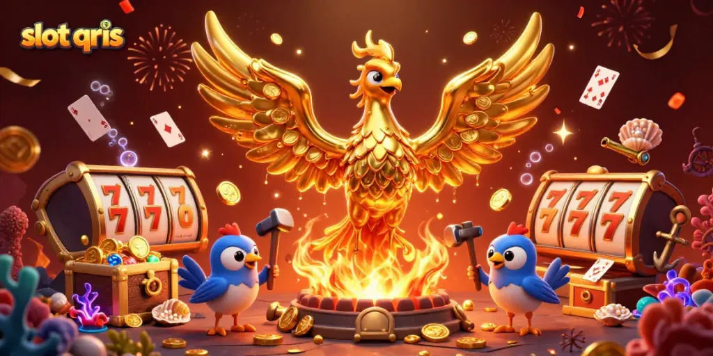 Spin to win at slot qris with a vibrant scene featuring animated slots and dazzling treasures!