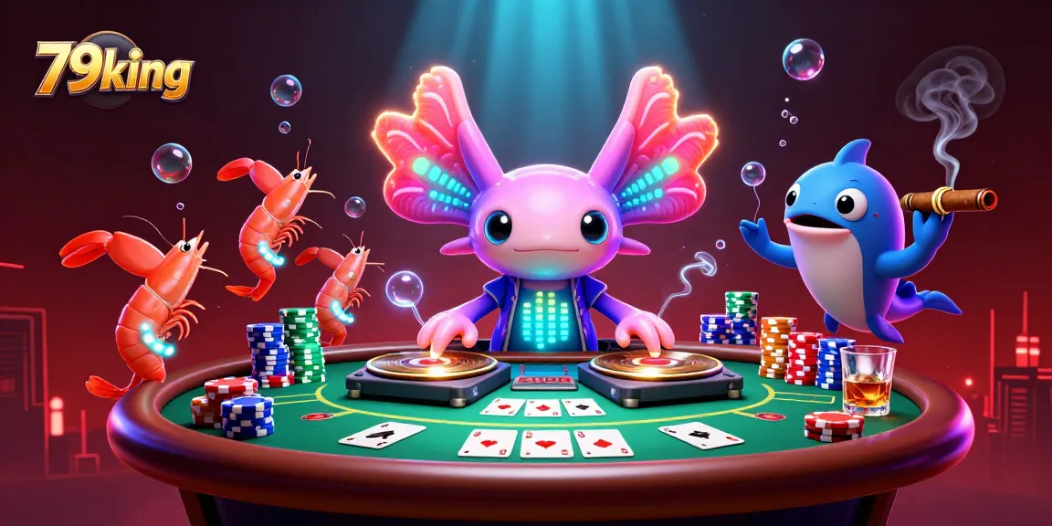 79king showcases a vibrant casino scene with a neon axolotl DJ, poker elements, and energetic sea creatures.