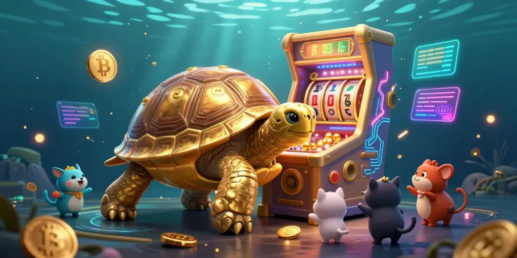 Mainkan slot di DEWATASLOT888 dengan gambar ceria kura-kura emas dan simbol keberuntungan.