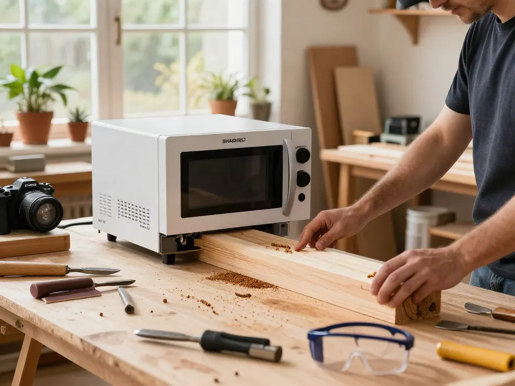 SHASHEL® microwave equipment demonstrating effective woodworm treatment in a bright workshop.