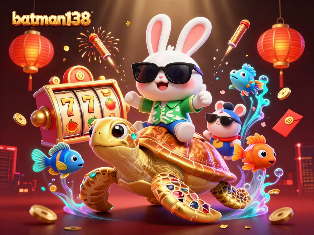 Experience batman138 slot games with a fun rabbit and turtle in a vibrant casino scene.