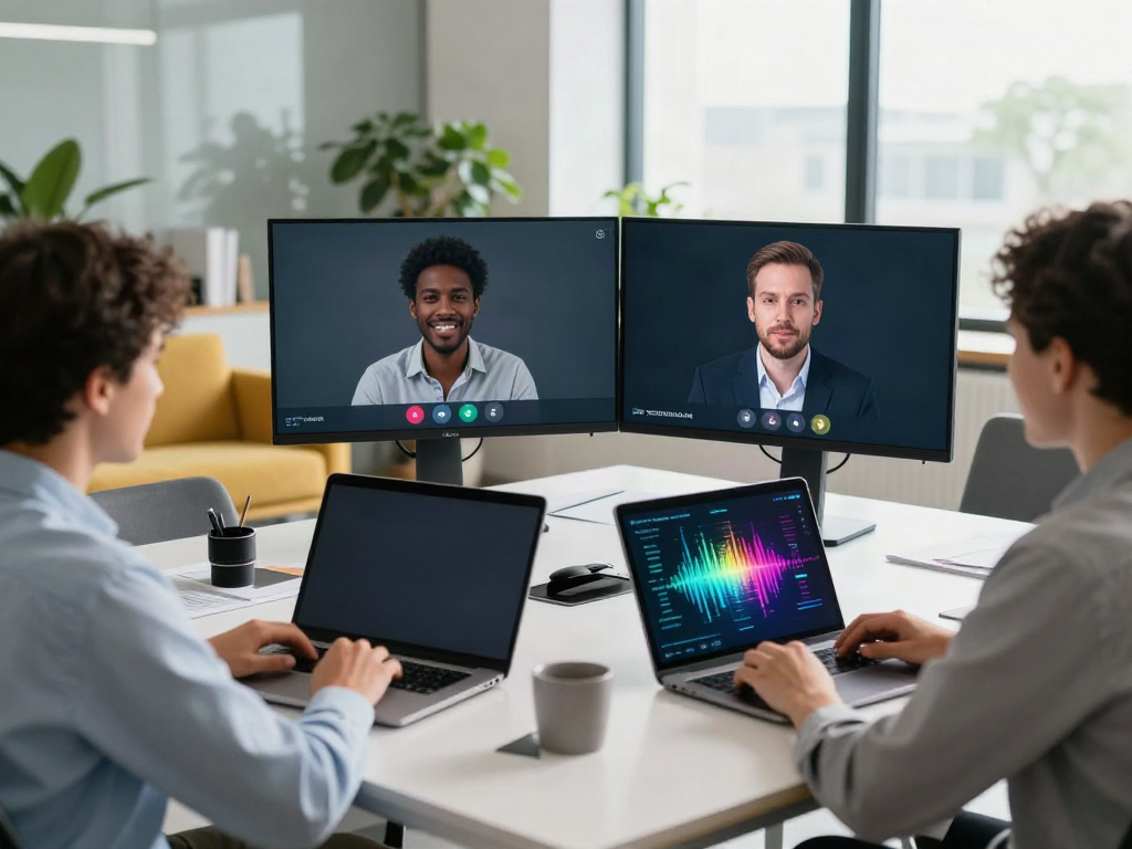 Deepfake protected Online Video Calls, Meetings and Conferencing in a modern office with diverse professionals engaged in secure video conferencing.