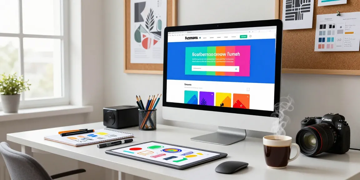 Creative workspace featuring a designer working on fuzzmanta.com, with colorful website designs and artistic tools.
