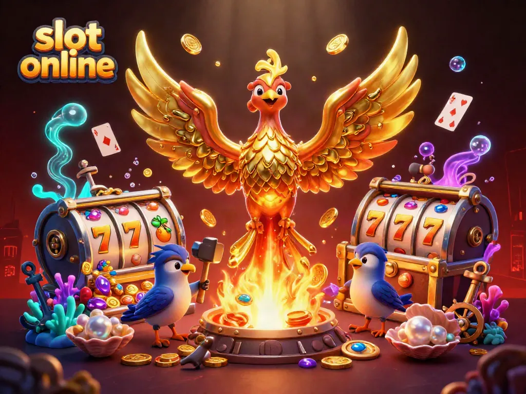 Spin for riches with the golden phoenix in a vibrant slot online scene bursting with coins.