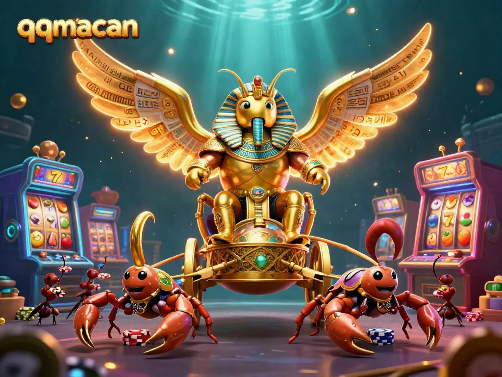 Engage with thrilling gameplay at qqmacan featuring a golden scarab beetle and vibrant casino elements.