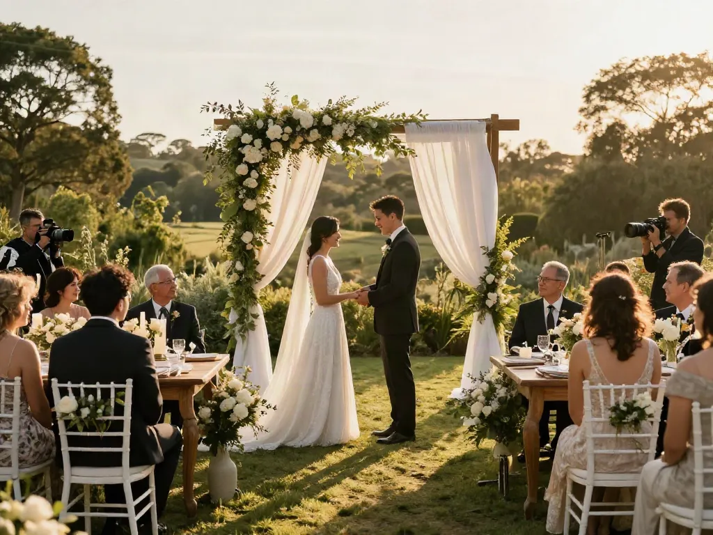 Event rentals for a romantic outdoor wedding setup under a floral arch, capturing love and elegance.