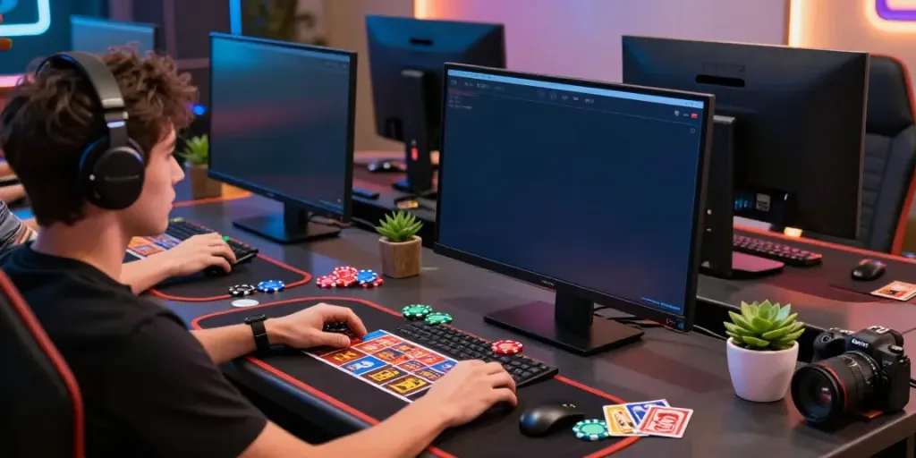 Engaging gaming workspace showcasing plustoto4d with vibrant visuals and modern setup.