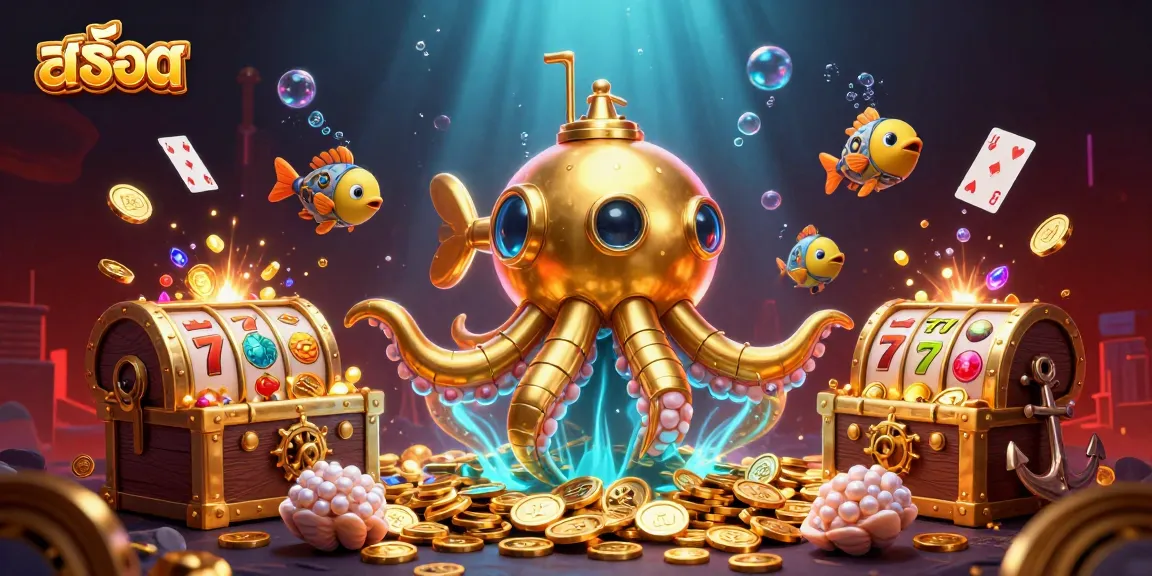 Engage with สล็อต casino adventures featuring a golden kraken submarine and treasure in a vibrant sea.