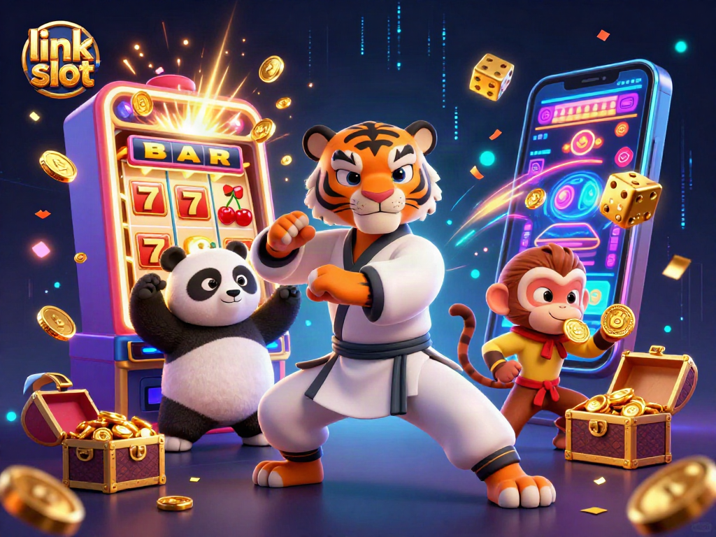Engage with link slot excitement as cartoon characters celebrate a jackpot explosion in a vibrant casino