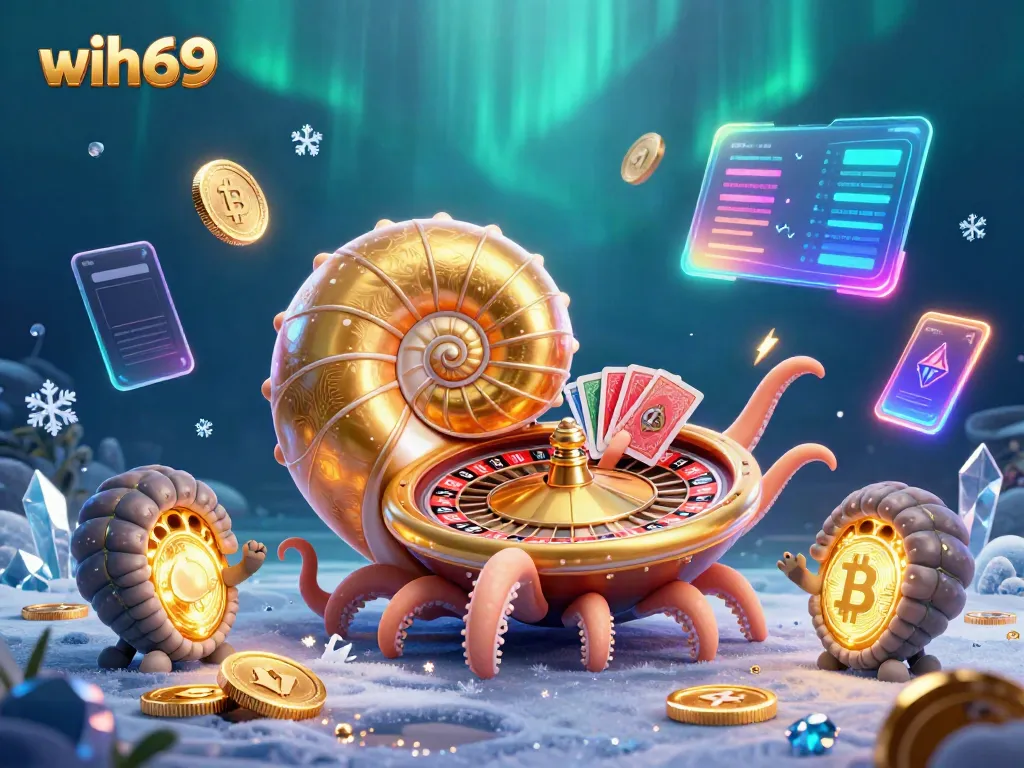 Menangkan permainan menarik di wih69 dengan ilustrasi 3D nautilus dan elemen kripto yang dinamis.