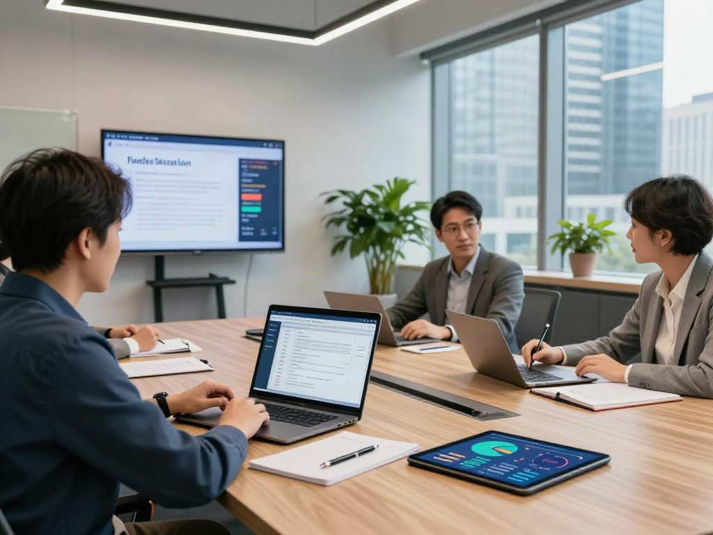 Document fraud detection solution illustrated in a collaborative office scene with professionals analyzing data and software.