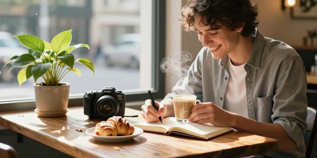 Cozy coffee shop scene where a journal writer reflects on moments that made my day.