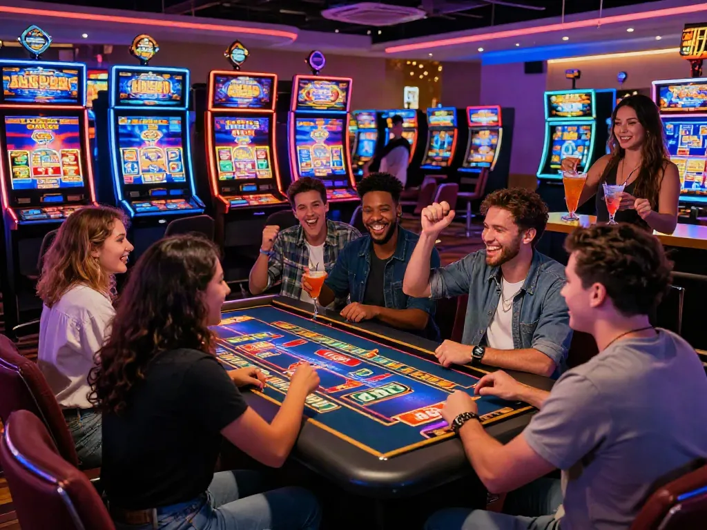 Group of friends enjoying สล็อตเว็บตรง games in lively online casino atmosphere, vibrant colors and excitement.