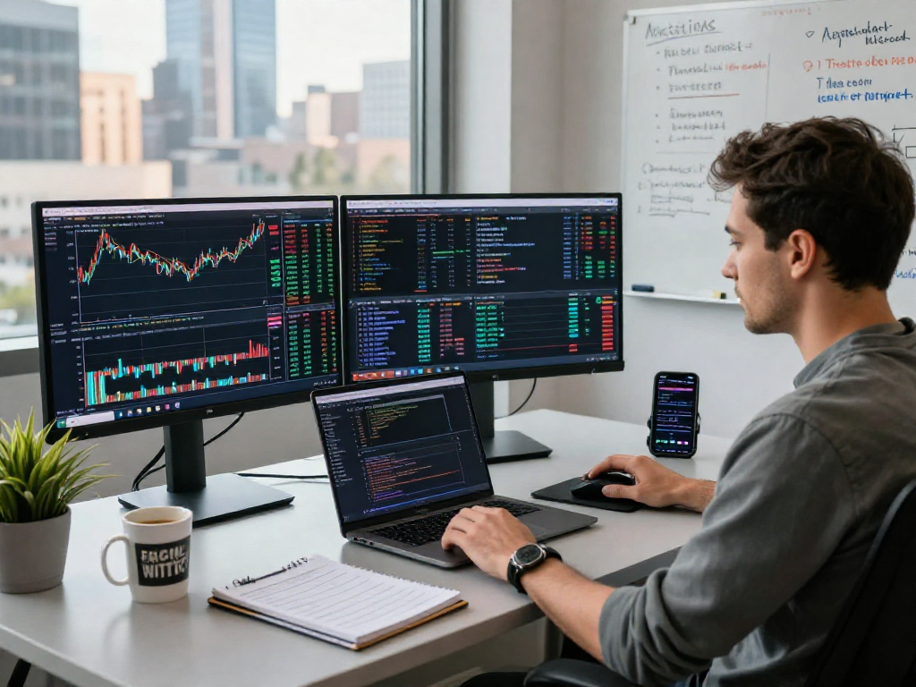 Trader analyzing multiple TradingView charts in a modern workspace setup, showcasing technology and market analysis insights.