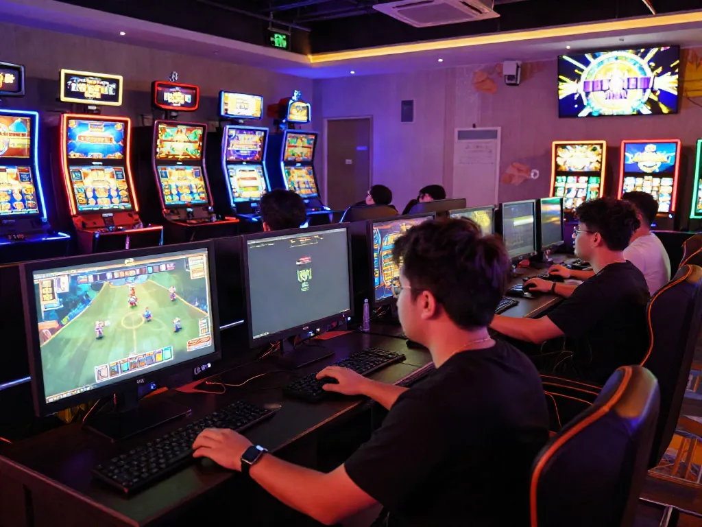 Exciting players enjoying slot games in a vibrant gaming lounge.