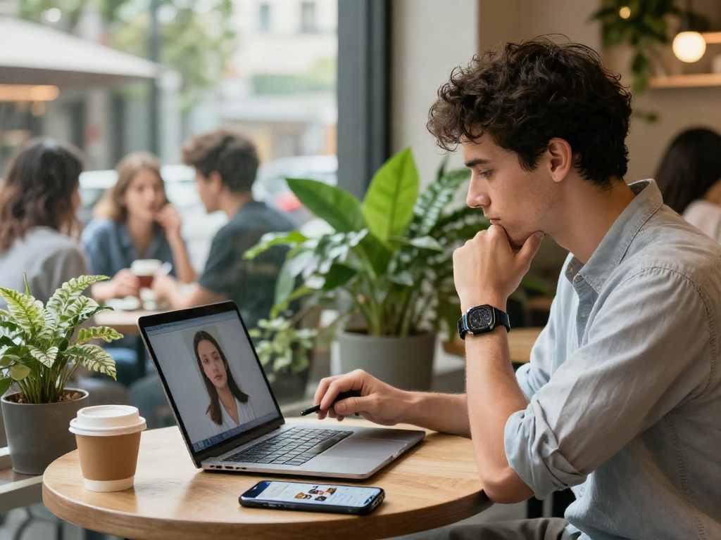 Test attractiveness scene in a modern café with a young man analyzing his selfie