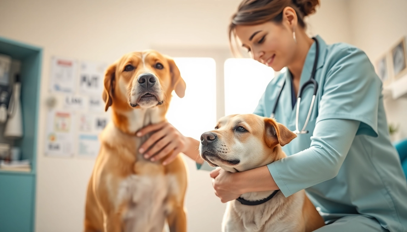 A veterinarian applying DMSO for dogs in a calming clinic environment for effective treatment.