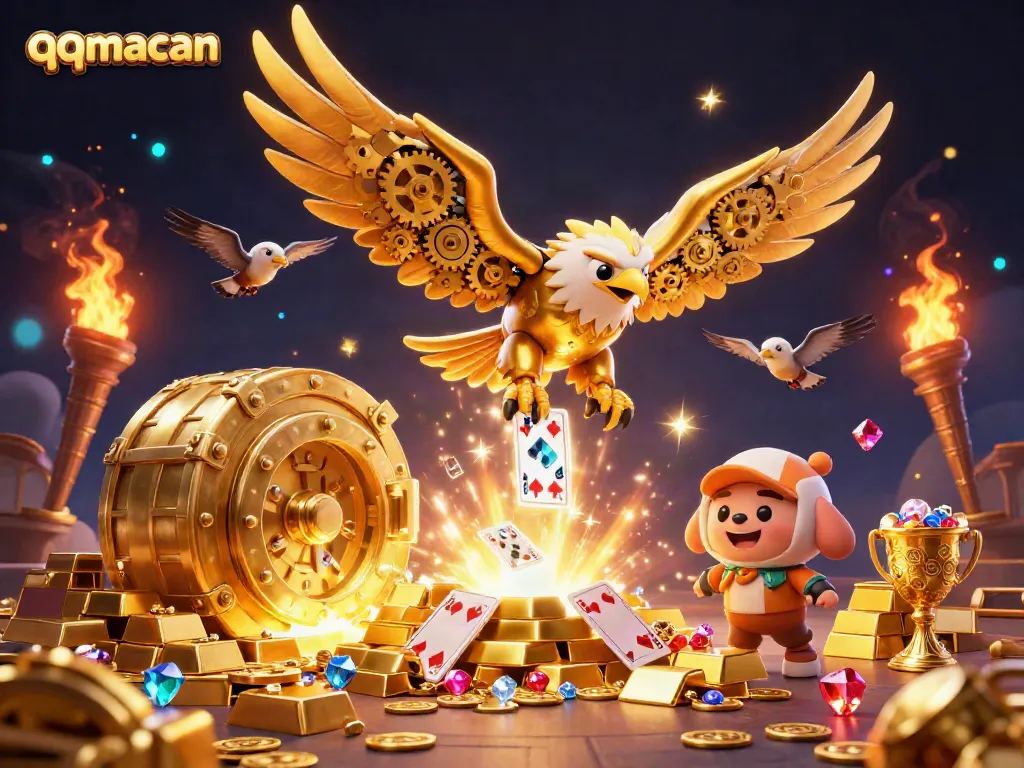 Experience thrilling gameplay with qqmacan as the golden eagle dives through holographic cards.