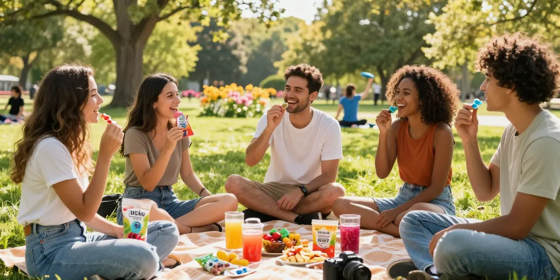 Enjoying the best THC gummies online at a sunny picnic with friends, vibrant fruit flavors and laughter.