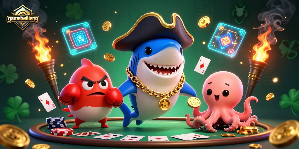 Engage with gamebailieng through a fun 3D illustration showcasing dynamic cartoon characters in a thrill-filled poker scene.