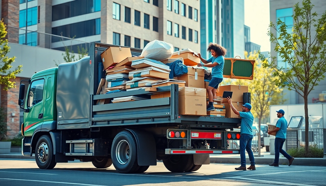 Efficient hauling service with a loaded truck and workers actively engaging in junk removal.