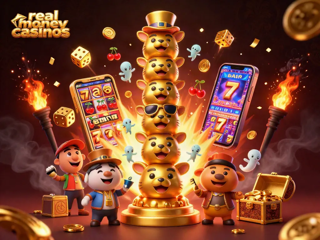 Experience thrilling real money casinos with dynamic slot machines, winning symbols, and vibrant gaming elements.