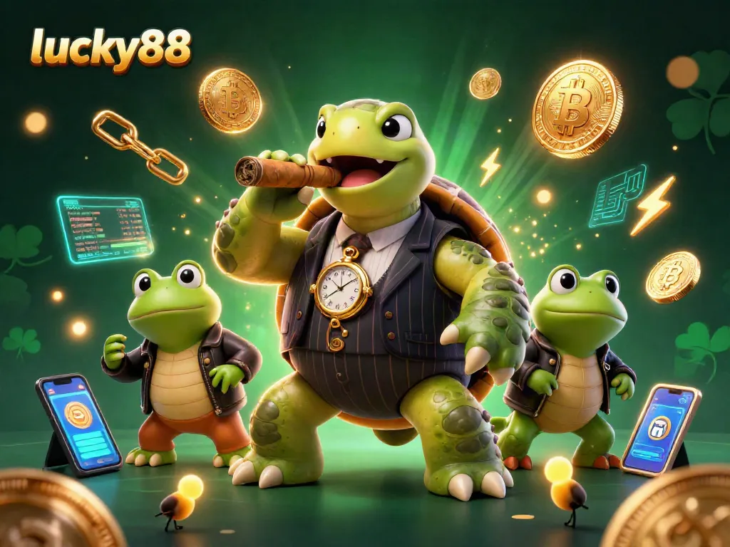 Experience the excitement at lucky88 with a cartoon turtle in casino attire, surrounded by neon crypto coins and vibrant game elements.
