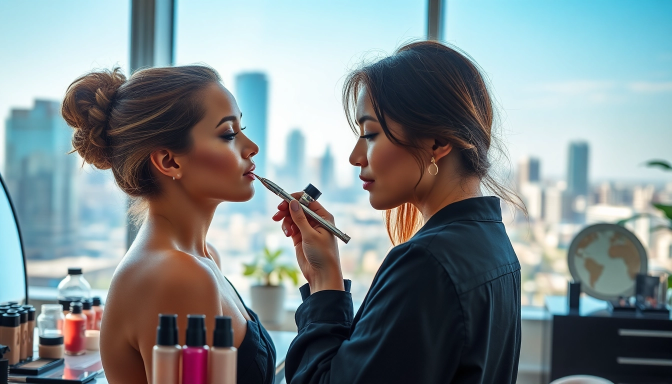 Airbrush makeup artist Dallas applying makeup in a stylish studio setting.