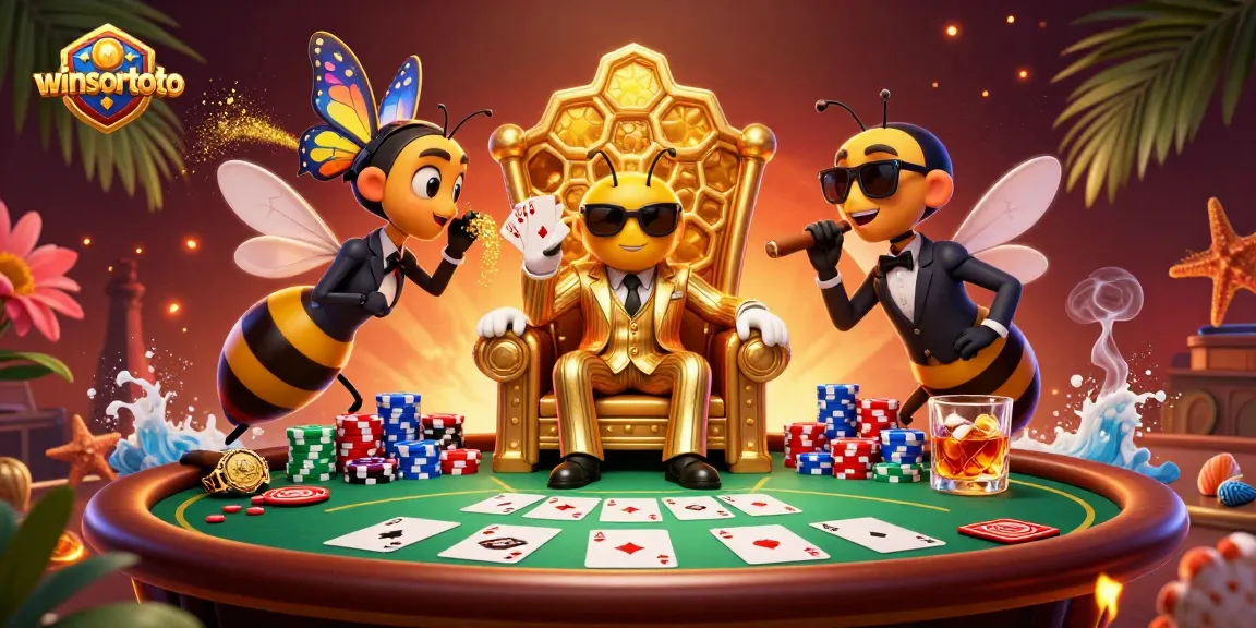 Menang di winsortoto dengan ilustrasi kasino yang berwarna-warni dan dinamis, menampilkan bos lebah dan penjaga.