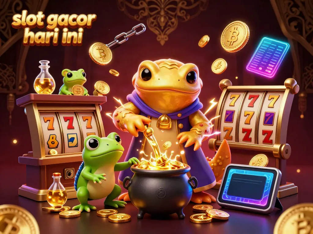 Spin the reels and explore slot gacor hari ini amidst a magical alchemy scene full of gold coins and crypto.