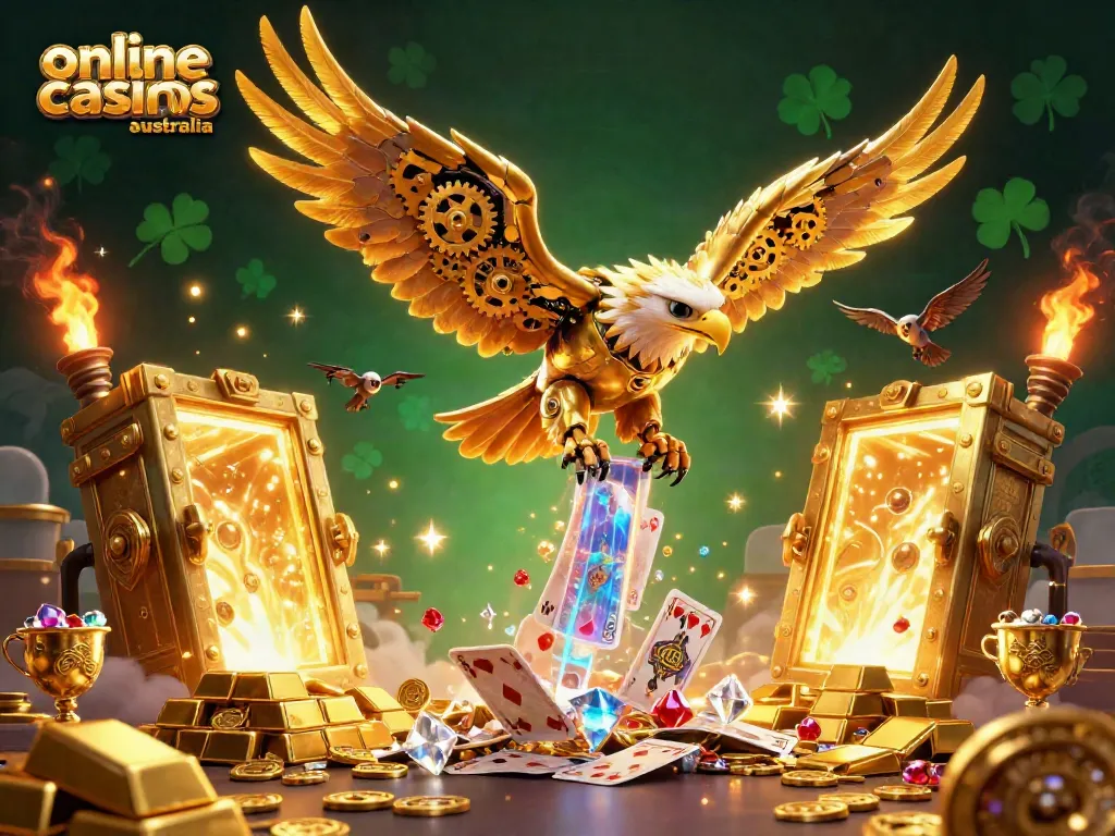 Dive into online casinos Australia with a cybernetic eagle and treasure in a vibrant 3D scene.