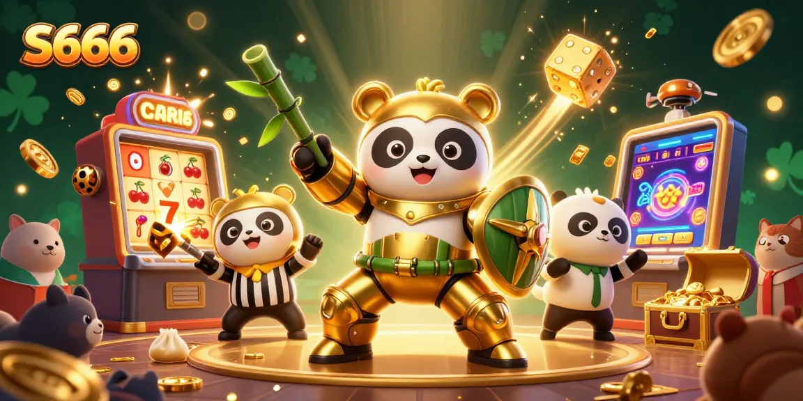 Experience thrilling wins at S666 with a golden panda in a mech-suit amidst jackpot excitement.