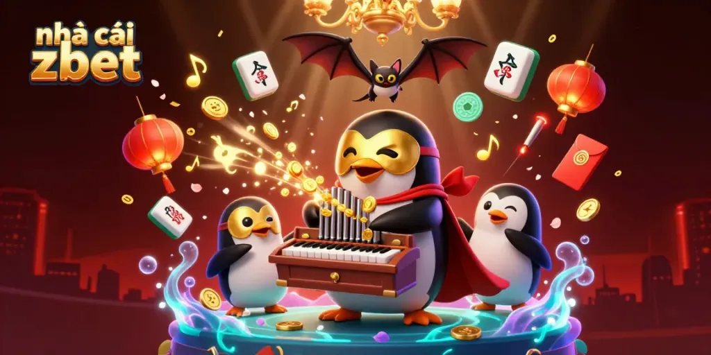 Engaging illustration of nhà cái zbet featuring a penguin organist and vibrant casino elements