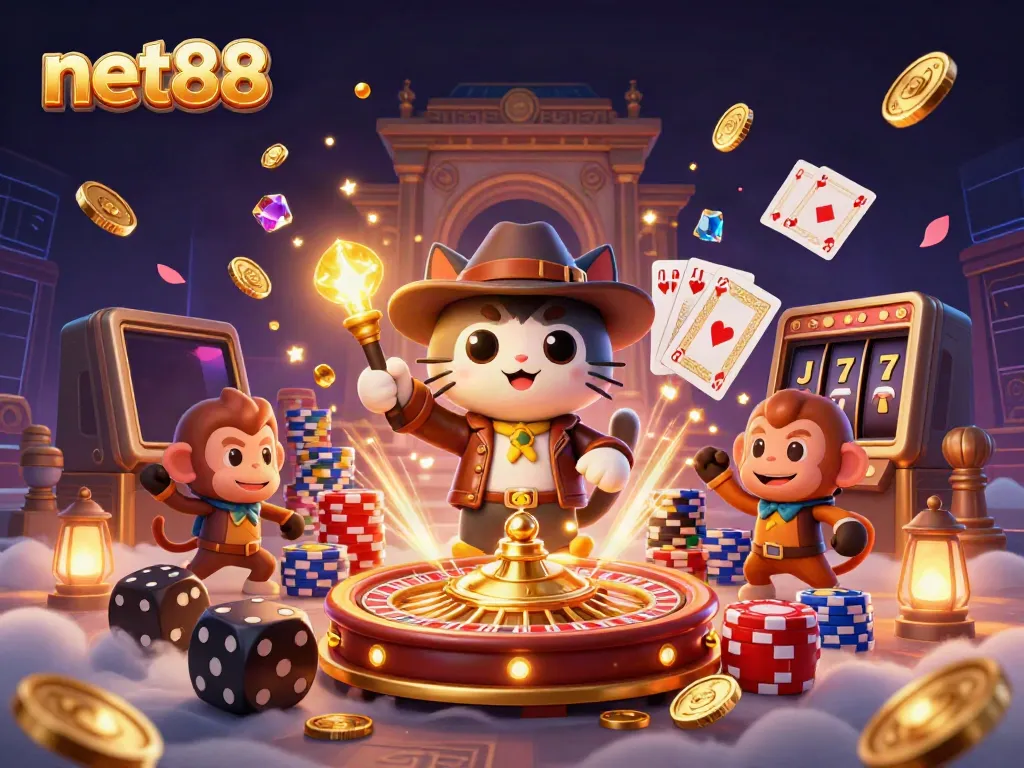 Engage with net88 as a cat archaeologist uncovers a golden artifact amid dynamic casino elements.
