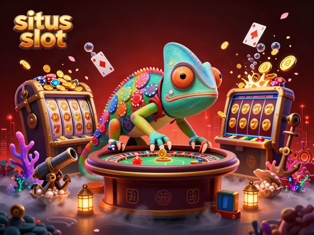 Menang besar di situs slot dengan chameleon kasino yang mengawasi meja roulette dan ruang poker.