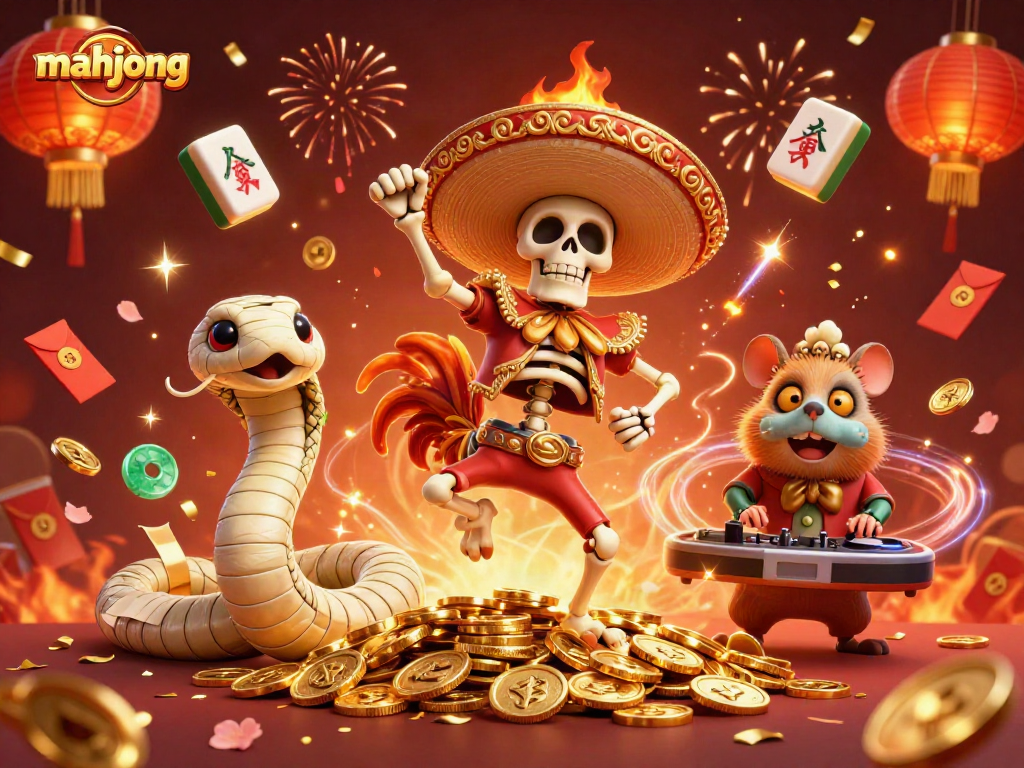 Playing mahjong with festive characters in a vibrant casino celebration scene.