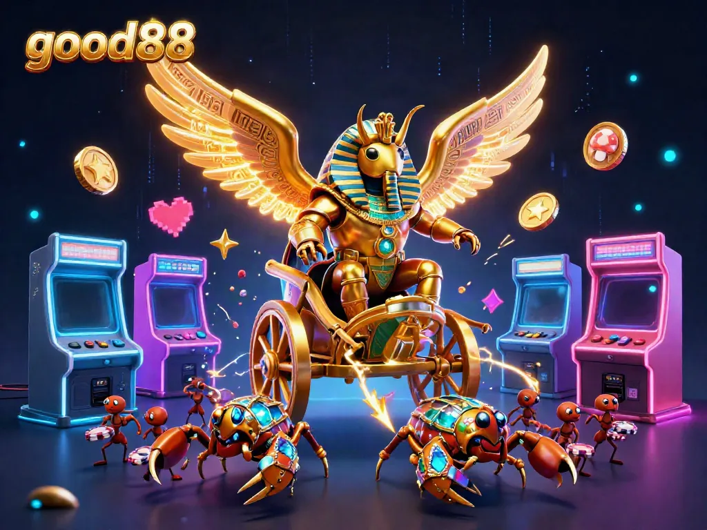 Engage with good88's golden scarab beetle bringing the casino adventure alive with vibrant arcade game action.